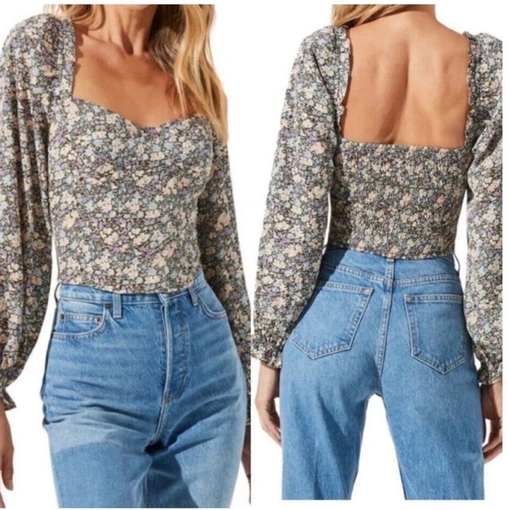 Nordstrom ASTR Floral Long puff Sleeve brown sweetheart neck Blouse Med